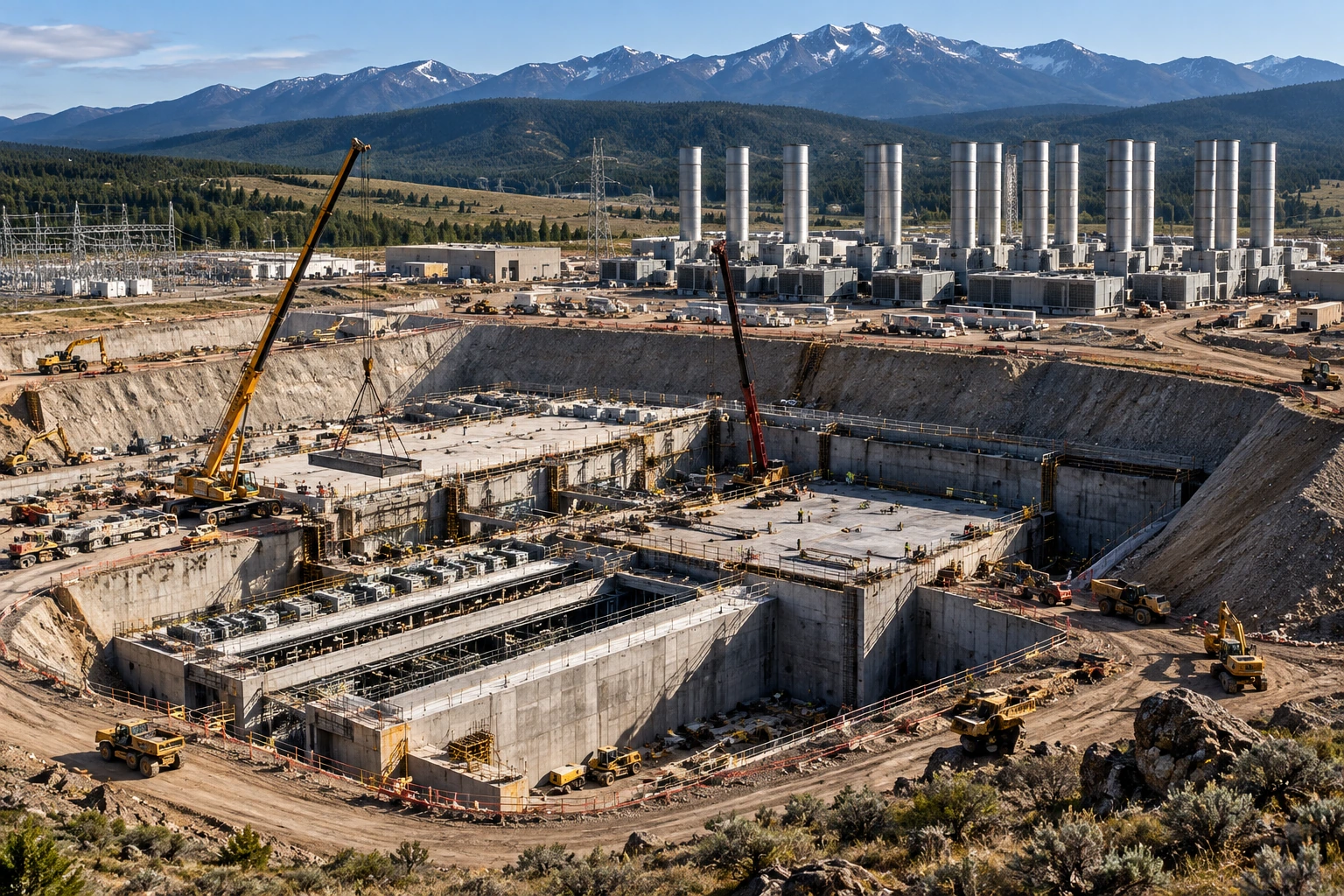 Early construction of an underground Idaho data center with deep excavation, buried concrete halls, cranes, and heat-rejection stacks