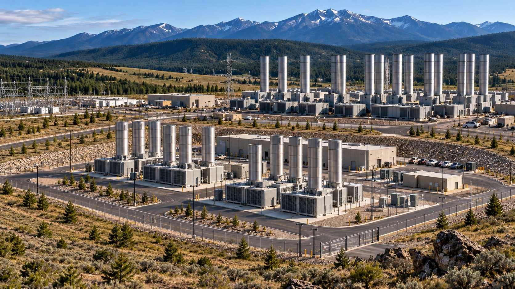 Completed Idaho underground data center site with numerous forty-foot heat-rejection stacks, service buildings, roads, and surrounding mountains