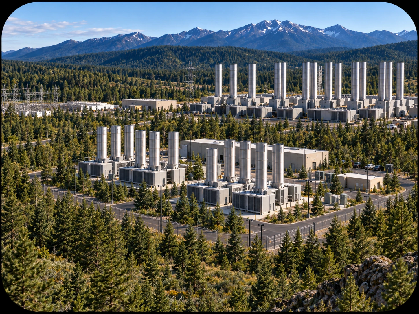 Mature Idaho underground data center campus surrounded by dense restored woodland with the heat-rejection stacks still visible