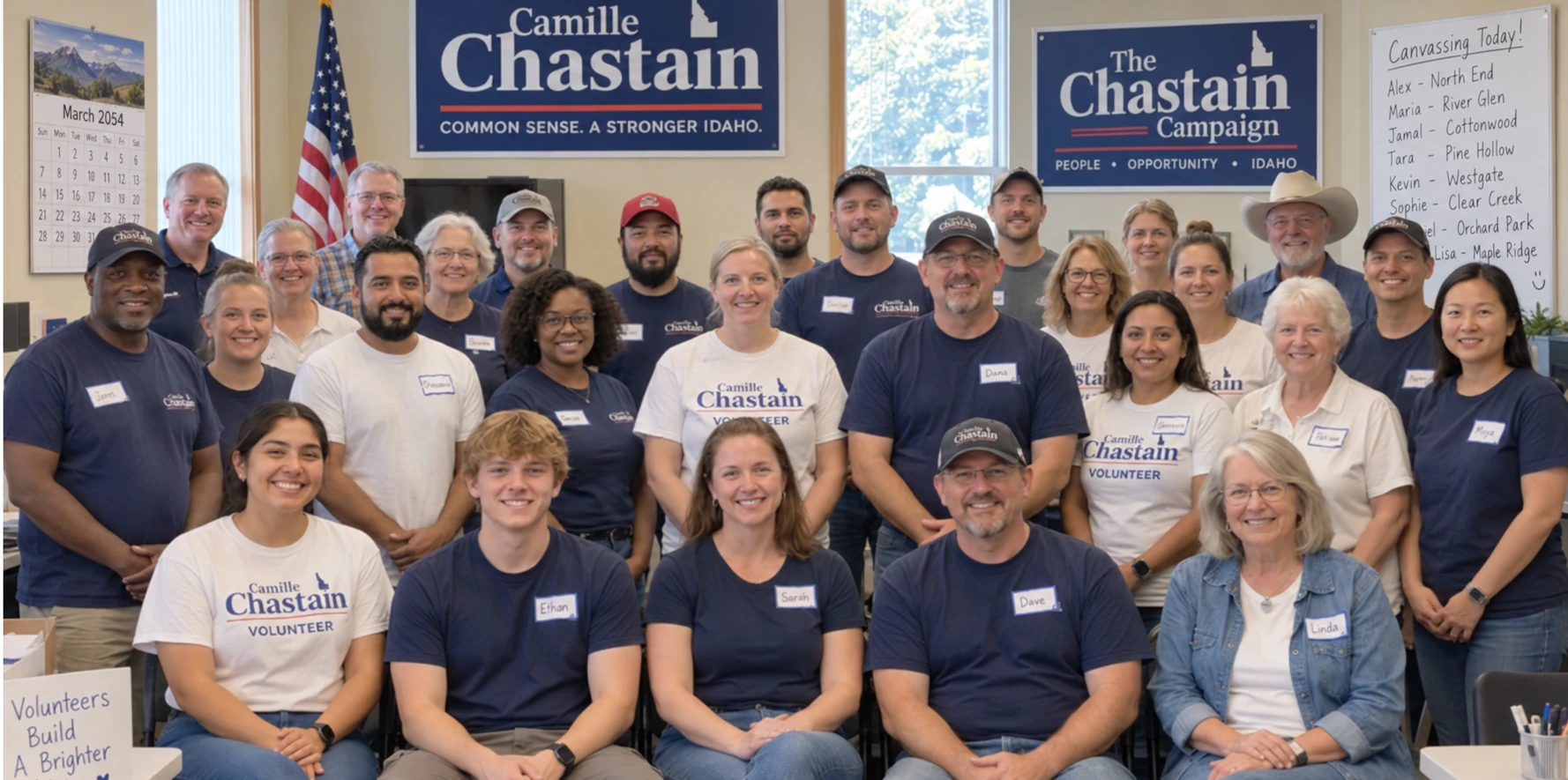 Camille Chastain campaign volunteers gathered in an Idaho field office