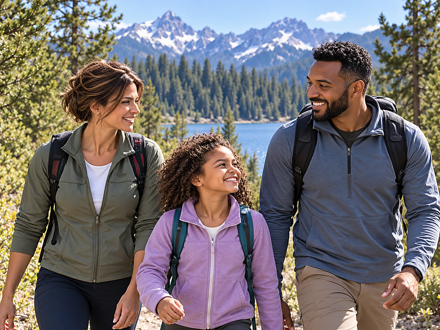 Camille Chastain hiking in Idaho with her husband and daughter