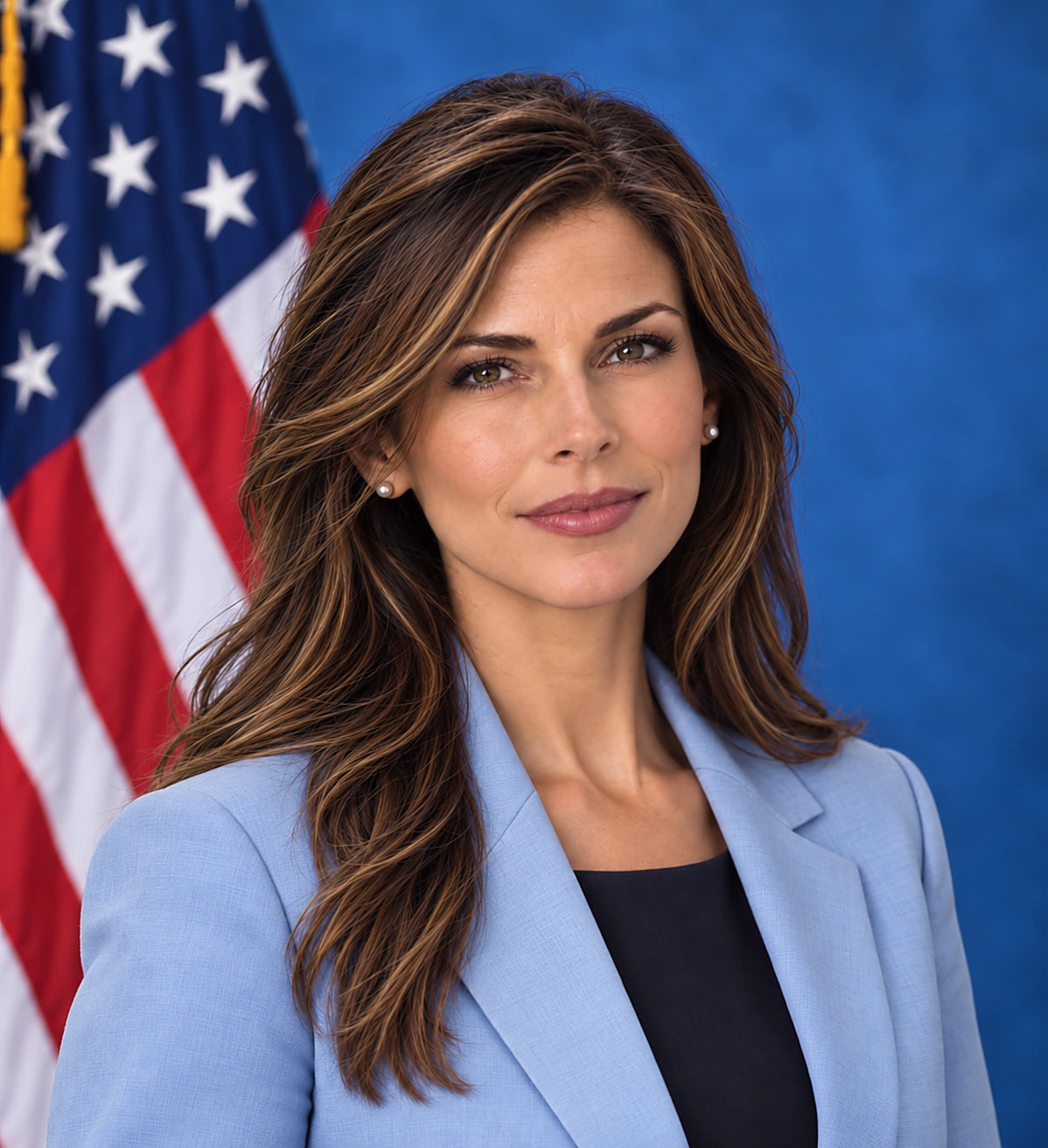 Senator Camille Chastain in front of the American flag