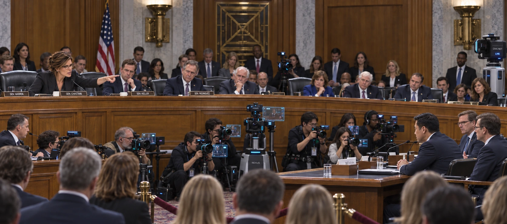Senator Camille Chastain questioning a technology executive during a Senate hearing