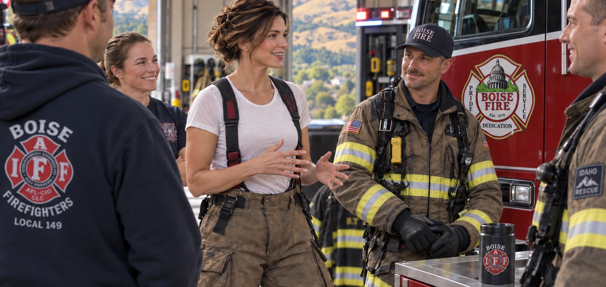 Camille Chastain speaking with Boise firefighters and first responders