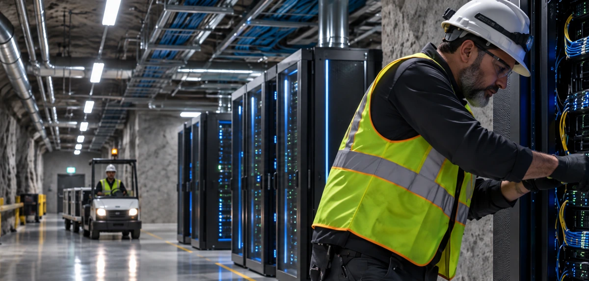 A technician working inside an underground Idaho data center connected to the Q-Net backbone